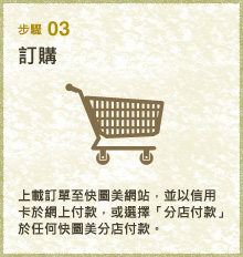 步驟03
訂購
上載訂單至快圖美網站，並以信用卡於網上付款，或選擇「分店付款」於任何快圖美分店付款。